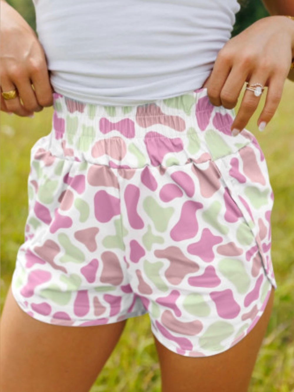 High-Rise Pink & Light Green Patterned Athletic Shorts